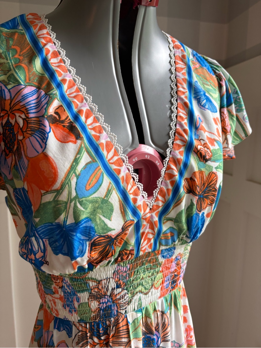 Adrianna Papell Blue and Orange Floral Smocked Maxi Dress 2 - Picture 5 of 9